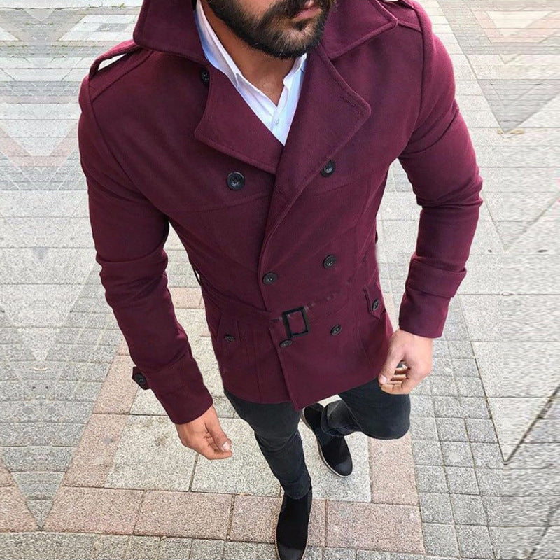 2021 autumn Amazon men's woolen coat lapel double-breasted casual windbreaker woolen coat with belt