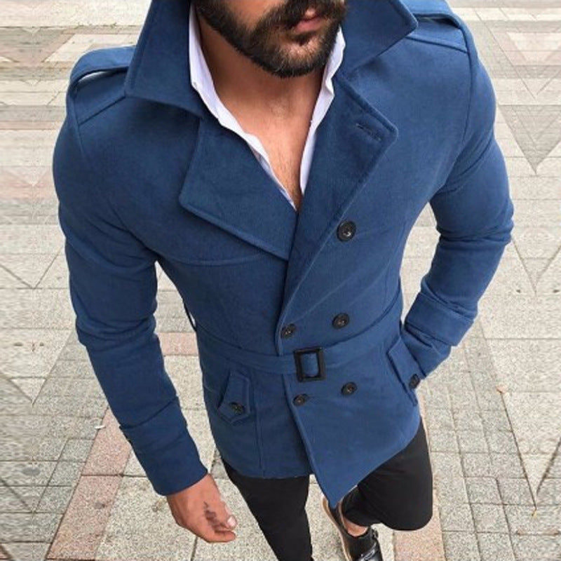 2021 autumn Amazon men's woolen coat lapel double-breasted casual windbreaker woolen coat with belt
