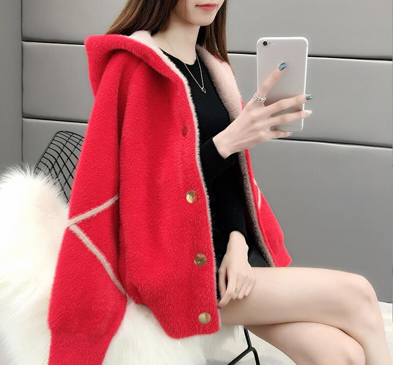 2021 autumn and winter new women's imitation mink velvet short knit cardigan jacket sweater Korean loose hooded top