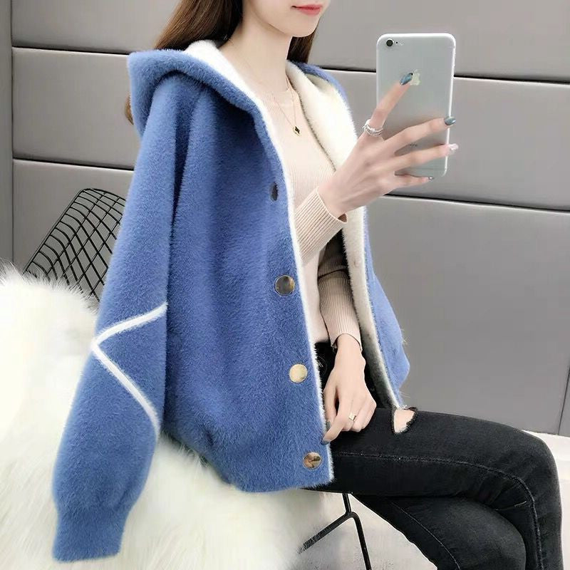 2021 autumn and winter new women's imitation mink velvet short knit cardigan jacket sweater Korean loose hooded top