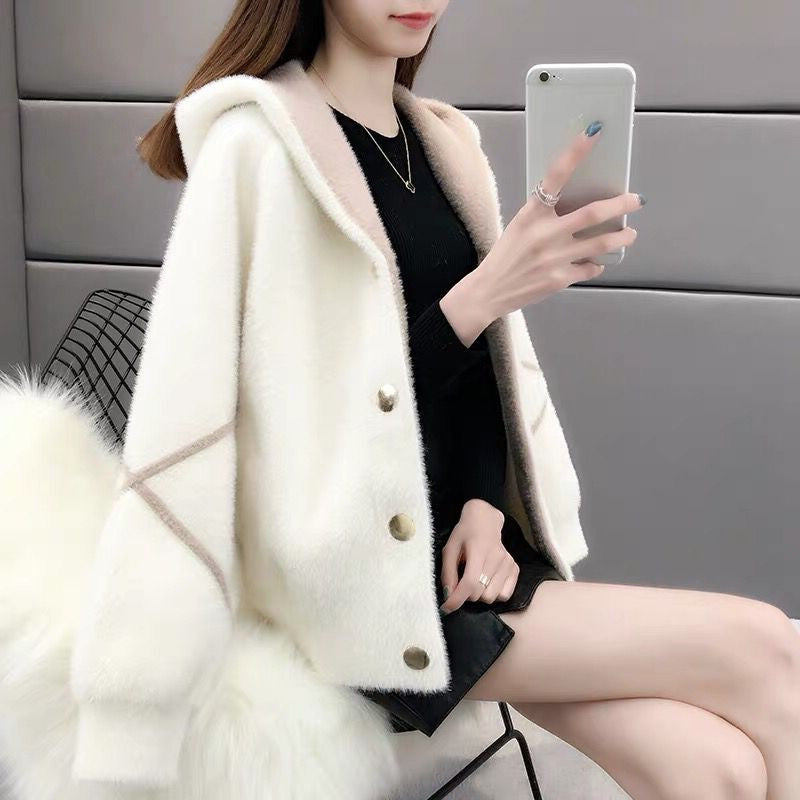 2021 autumn and winter new women's imitation mink velvet short knit cardigan jacket sweater Korean loose hooded top