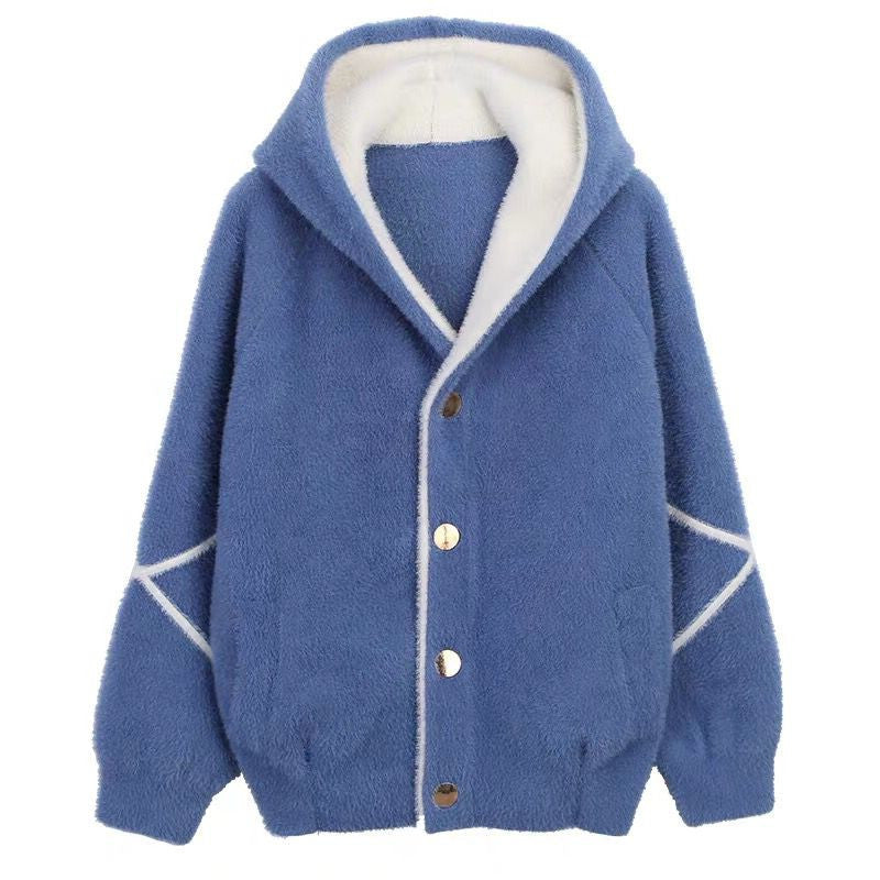 2021 autumn and winter new women's imitation mink velvet short knit cardigan jacket sweater Korean loose hooded top