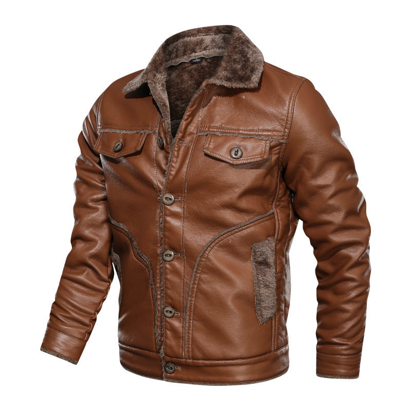 Men's leather winter new lapel motorcycle leather jacket plus velvet thickening European and American fashion men's jacket tide