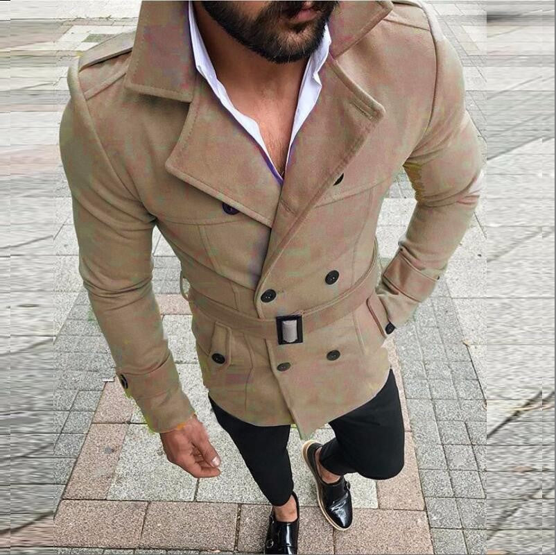2021 autumn Amazon men's woolen coat lapel double-breasted casual windbreaker woolen coat with belt
