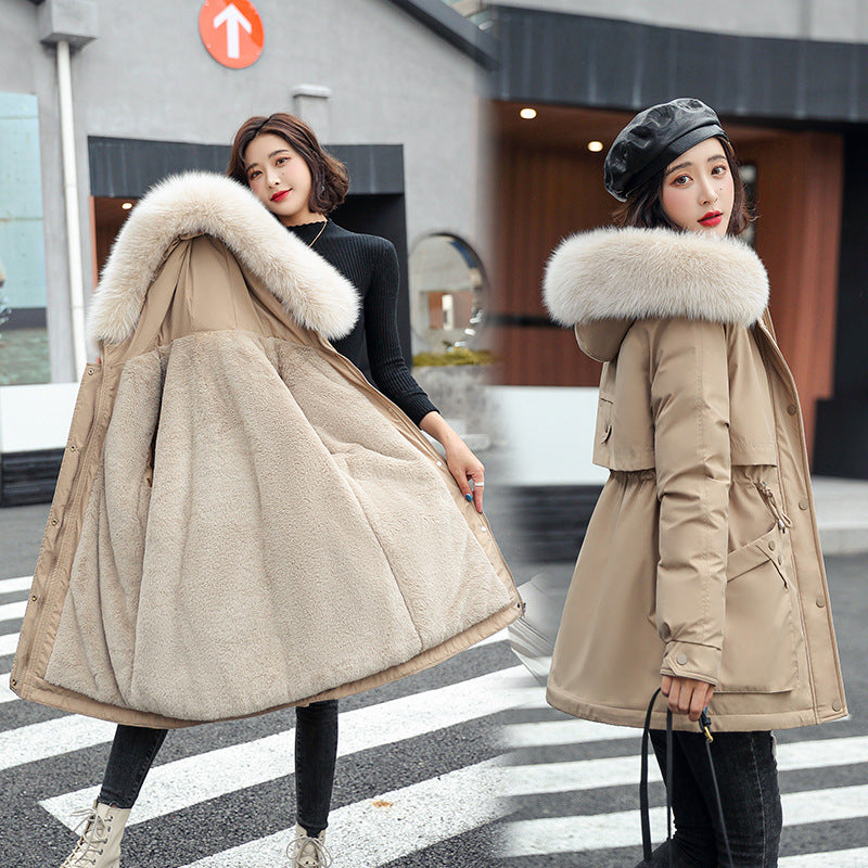 Down padded jacket women 2021 winter new style Korean thick padded jacket hooded big fur collar mid-length pie overcoming women