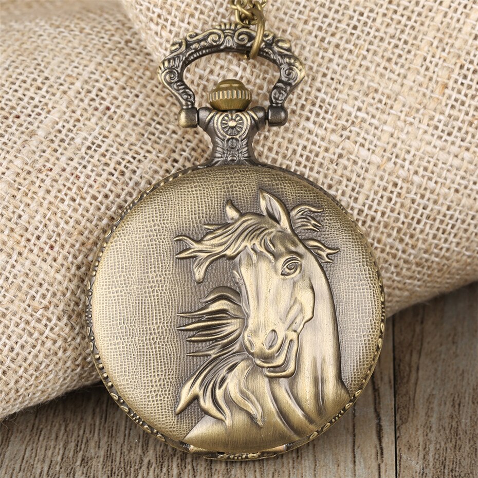 Vintage Bronze Pocket Watch Quartz Retro Horse Full Hunter Pendant Watch with Fob Necklace Chain Best Gift for Men Women reloj