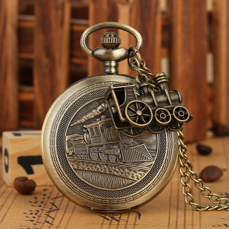Bronze Train Locomotive Engine Quartz Pocket Watch Retro Necklace Pendant Chain Best Gifts for Men Women with Train Accessory