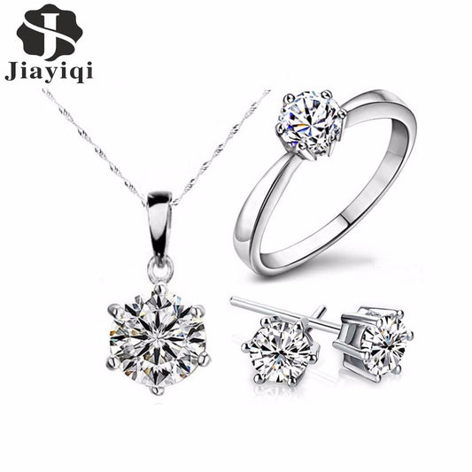 2018 Hot Sale Silver Color Fashion Jewelry Sets Cubic Zircon Statement Necklace & Earrings Rings Wedding Jewelry for Women Gift