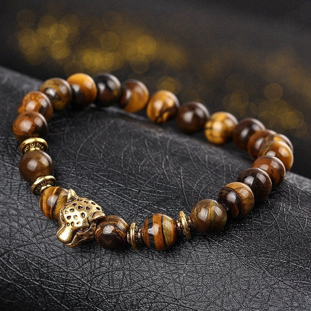 Weathering Stone Leopard Head Beaded Bracelet For Men New Fashion Natural Stone Tiger Eye Onyx Lava Beads Bracelets