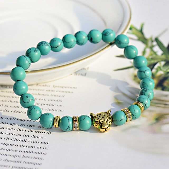 Weathering Stone Leopard Head Beaded Bracelet For Men New Fashion Natural Stone Tiger Eye Onyx Lava Beads Bracelets