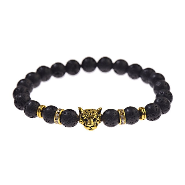Weathering Stone Leopard Head Beaded Bracelet For Men New Fashion Natural Stone Tiger Eye Onyx Lava Beads Bracelets