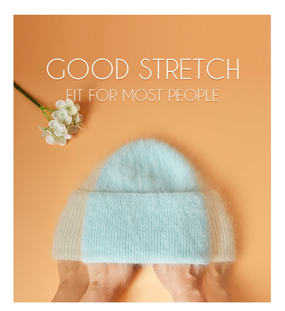 Winter hats for women warm long rabbit fur hair female caps fashion solid colors wide cuff young style beanies