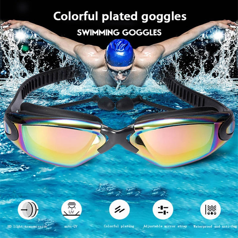 Professional Swimming Goggles Swimming Glasses with Earplugs Nose Clip Electroplate Waterproof Silicone очки для плавания Adluts