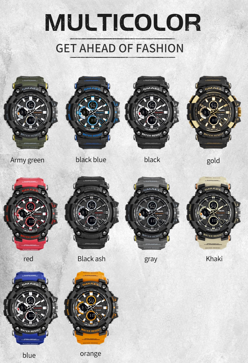 Sport Watch Dual Time Men Watches 50m WaterproofMale Clock  Military Watches for Men 1802D Shock Resisitant Sport Watches Gifts