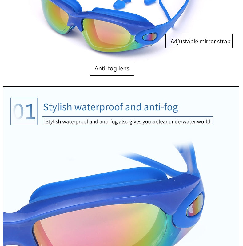 Professional Swimming Goggles Swimming Glasses with Earplugs Nose Clip Electroplate Waterproof Silicone очки для плавания Adluts