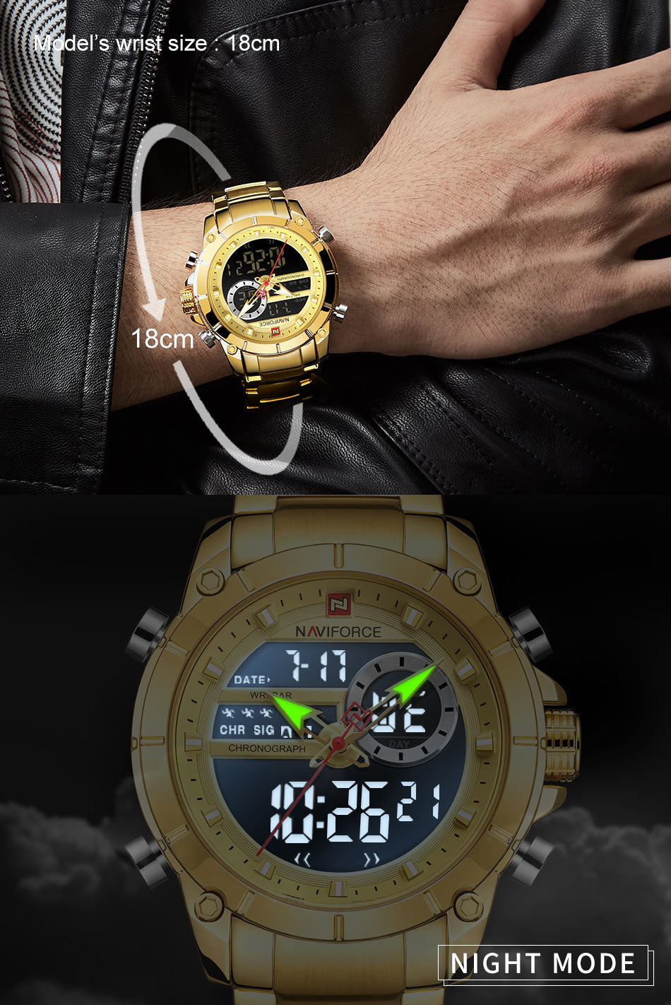 Men Military Sport Wrist Watch Gold Quartz Steel Waterproof Dual Display Male Clock Watches Relogio Masculino 9163