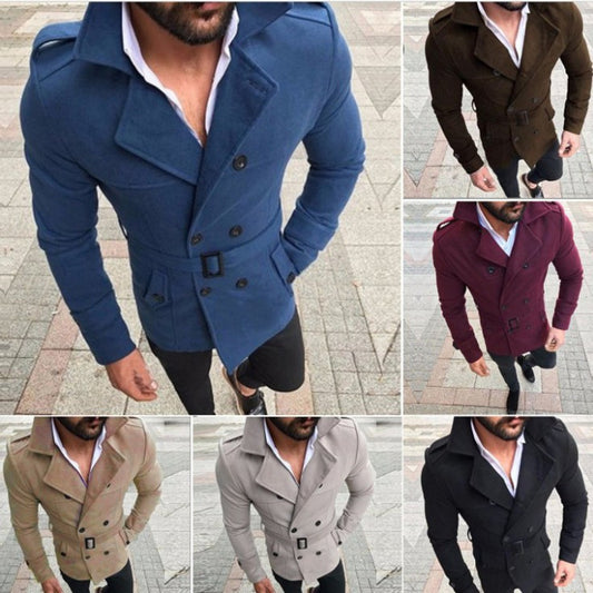 2021 autumn Amazon men's woolen coat lapel double-breasted casual windbreaker woolen coat with belt