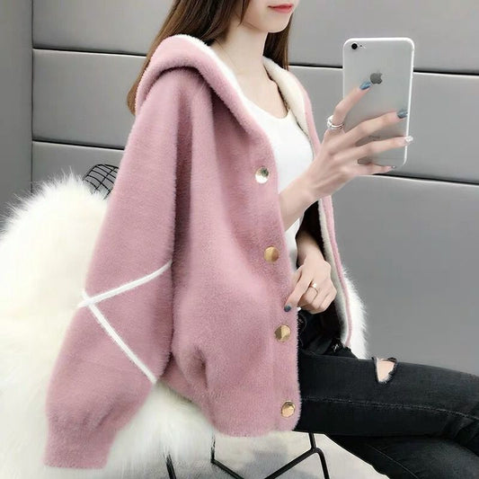 2021 autumn and winter new women's imitation mink velvet short knit cardigan jacket sweater Korean loose hooded top