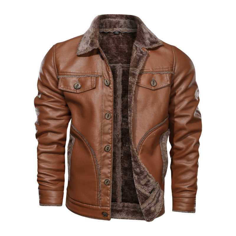 Men's leather winter new lapel motorcycle leather jacket plus velvet thickening European and American fashion men's jacket tide