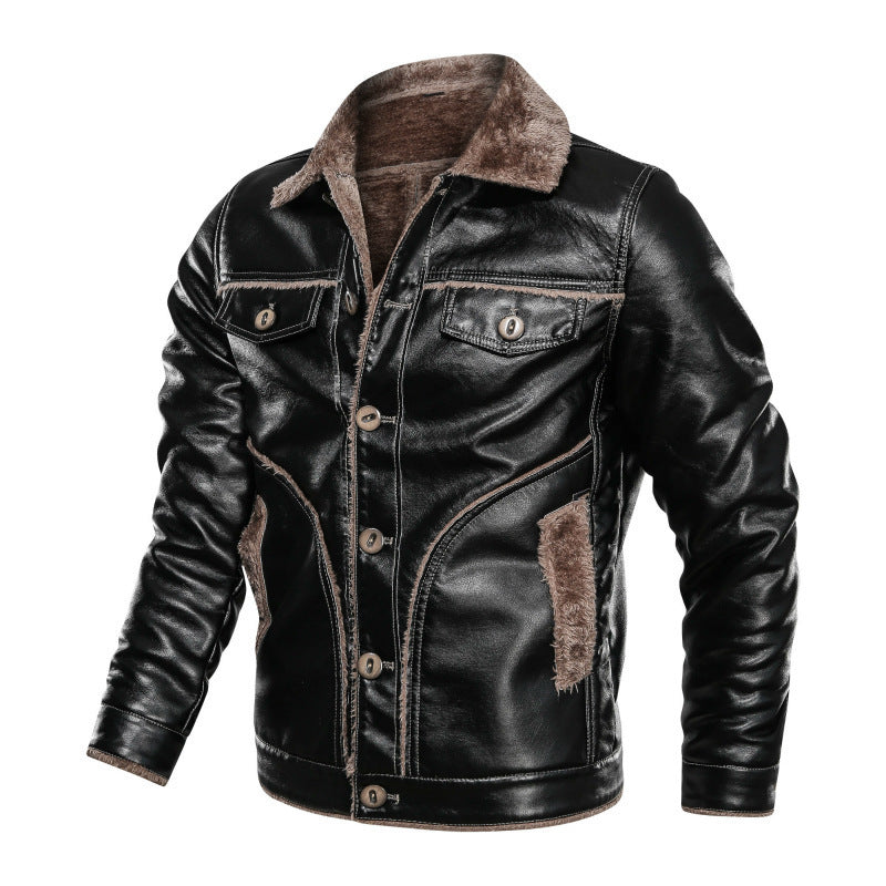 Men's leather winter new lapel motorcycle leather jacket plus velvet thickening European and American fashion men's jacket tide