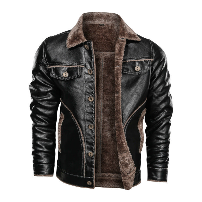 Men's leather winter new lapel motorcycle leather jacket plus velvet thickening European and American fashion men's jacket tide