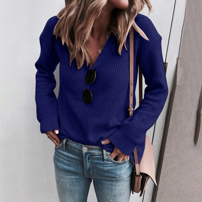 2021 autumn and winter sweater independent station European and American sweater ladies fashion V-neck knitted tops cross-border women's clothing