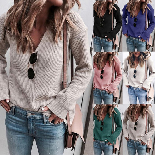 2021 autumn and winter sweater independent station European and American sweater ladies fashion V-neck knitted tops cross-border women's clothing