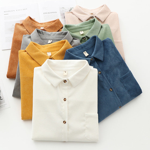 Corduroy Women Blouses Shirts Tunic Womens Tops And Blouses 2021 Womenswear Long Sleeve Clothing Button Up Down Loose White New