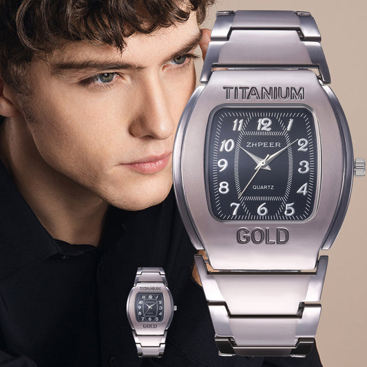 Wish Explosive Men's Large Watch Plate Wine Barrel Square Titanium Alloy Steel Band Business Casual Quartz Watch Men's Style