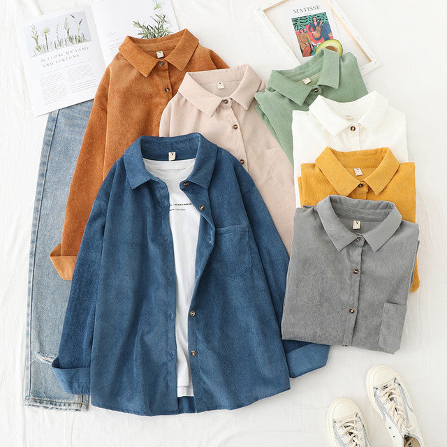 Corduroy Women Blouses Shirts Tunic Womens Tops And Blouses 2021 Womenswear Long Sleeve Clothing Button Up Down Loose White New