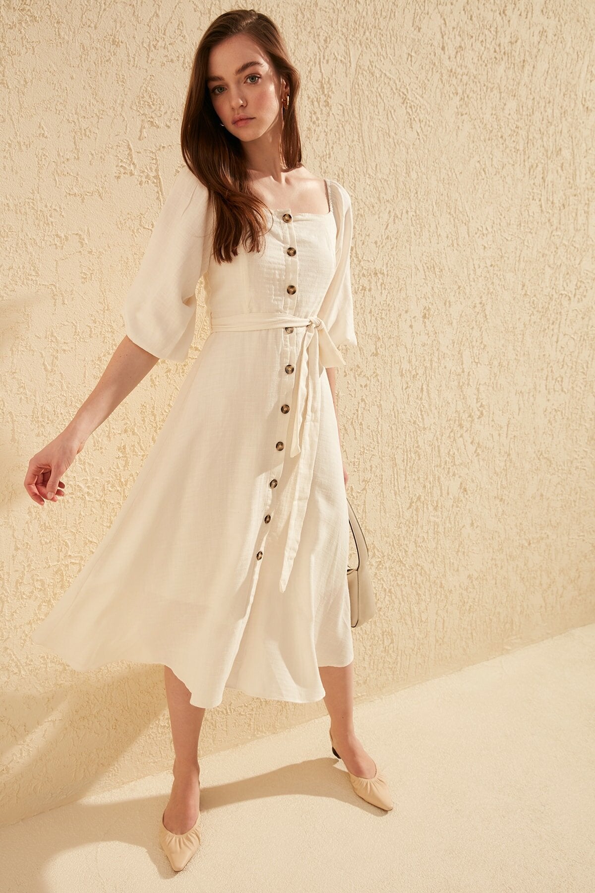 Ecru Belted Buttoned Dress