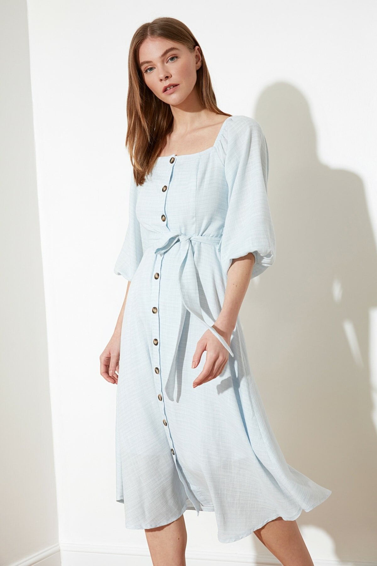 Ecru Belted Buttoned Dress