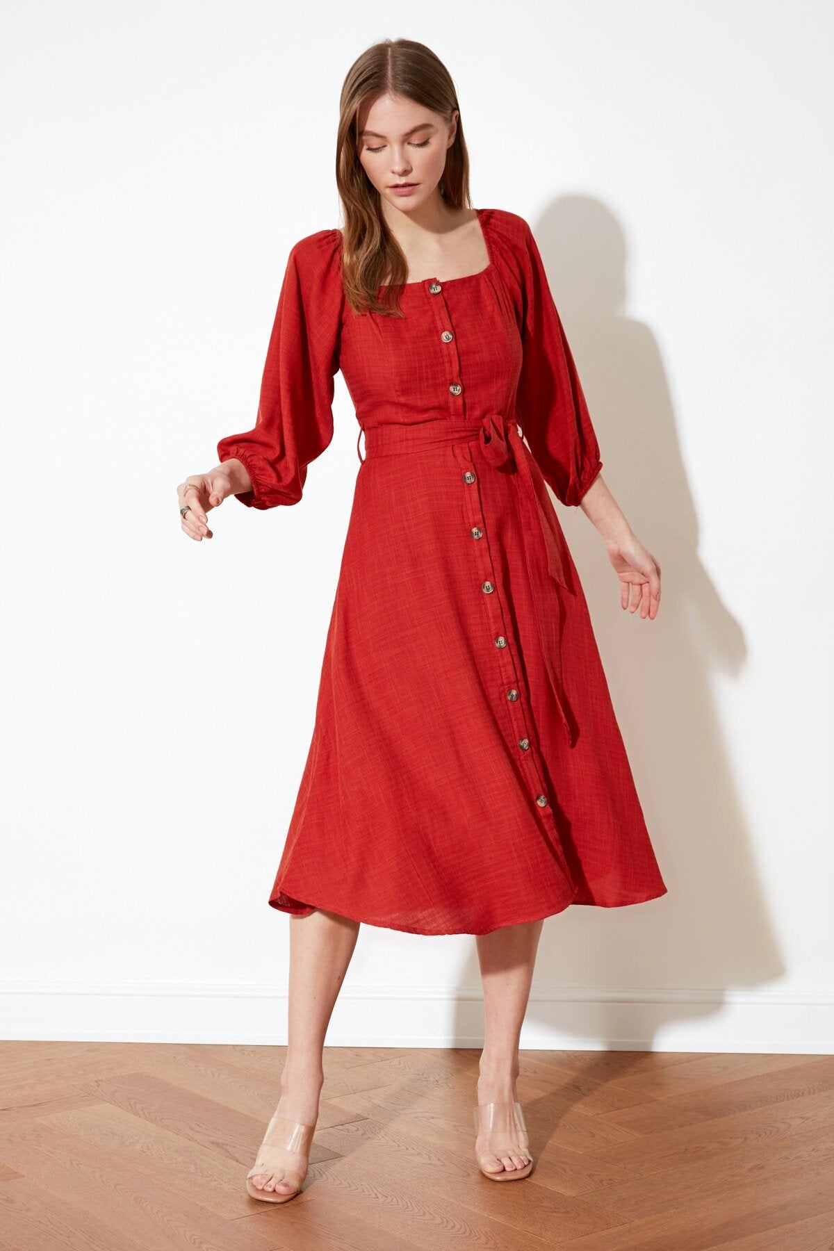 Ecru Belted Buttoned Dress
