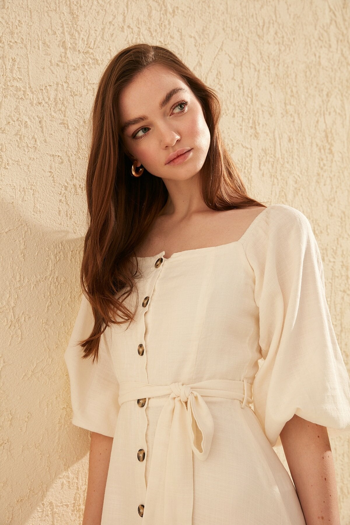 Ecru Belted Buttoned Dress