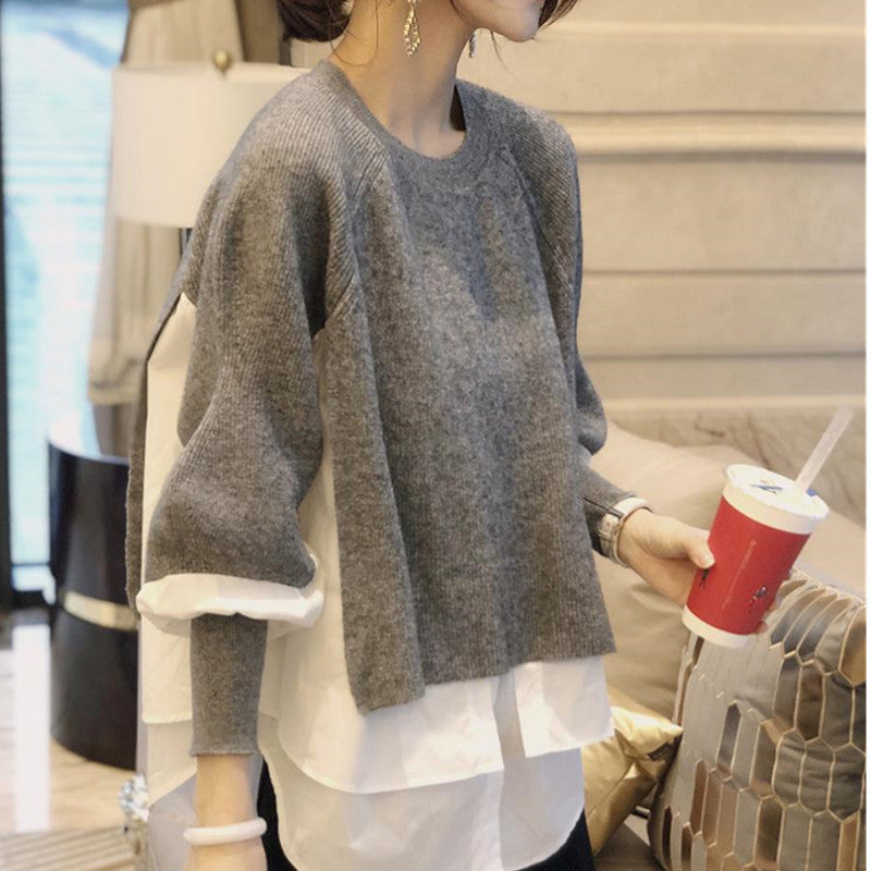 European station 2021 winter European goods women's sweater stitching shirt fake two-piece spring and autumn foreign style sweater outer wear