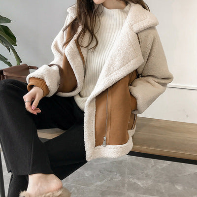 Winter 2021 new chic loose fur suede jacket women short lamb velvet motorcycle jacket