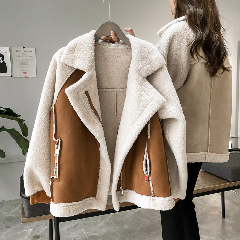 Winter 2021 new chic loose fur suede jacket women short lamb velvet motorcycle jacket