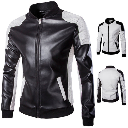 Cross-border new men's stand-up collar leather jacket trend black and white color matching large size leather jacket M-5XL Y668