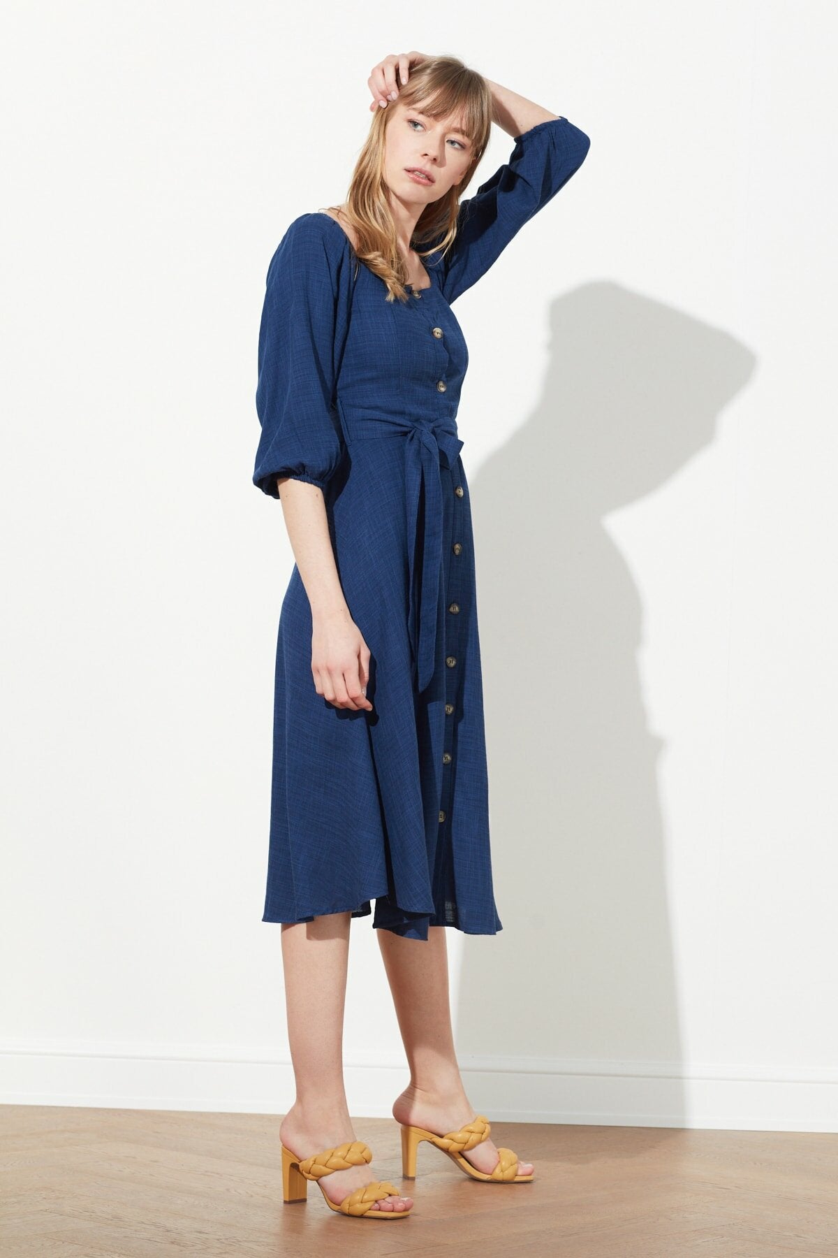 Ecru Belted Buttoned Dress