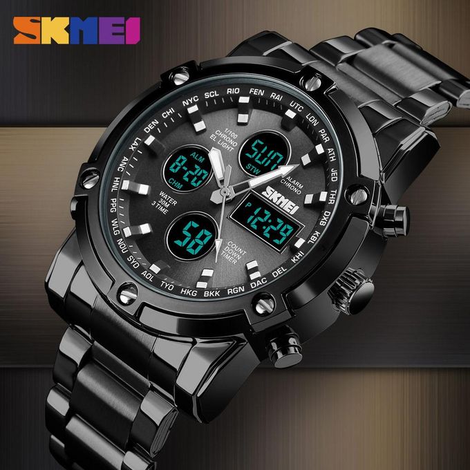 New Men Sports Fashion Watches Quartz Stopwatch Dual Display Watch 3 Time Countdown Waterproof Wristwatches 1389