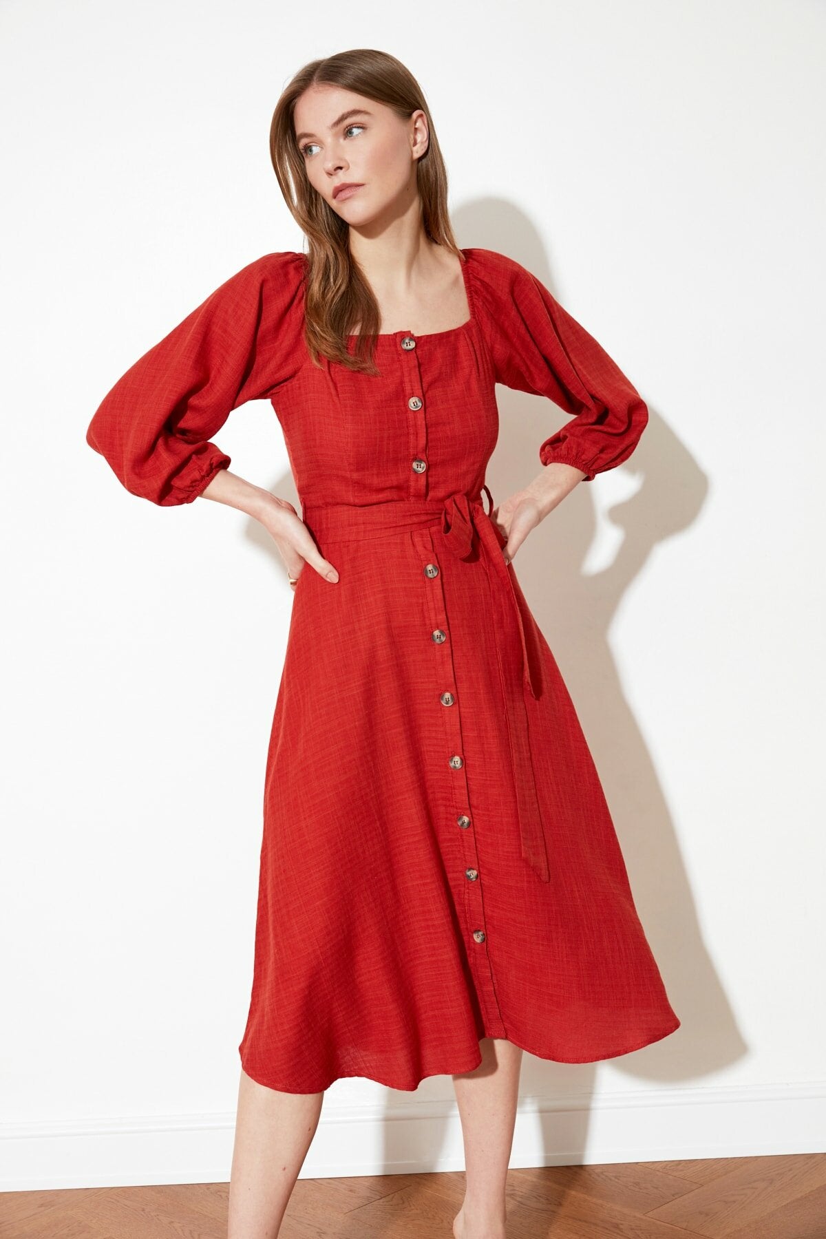 Ecru Belted Buttoned Dress