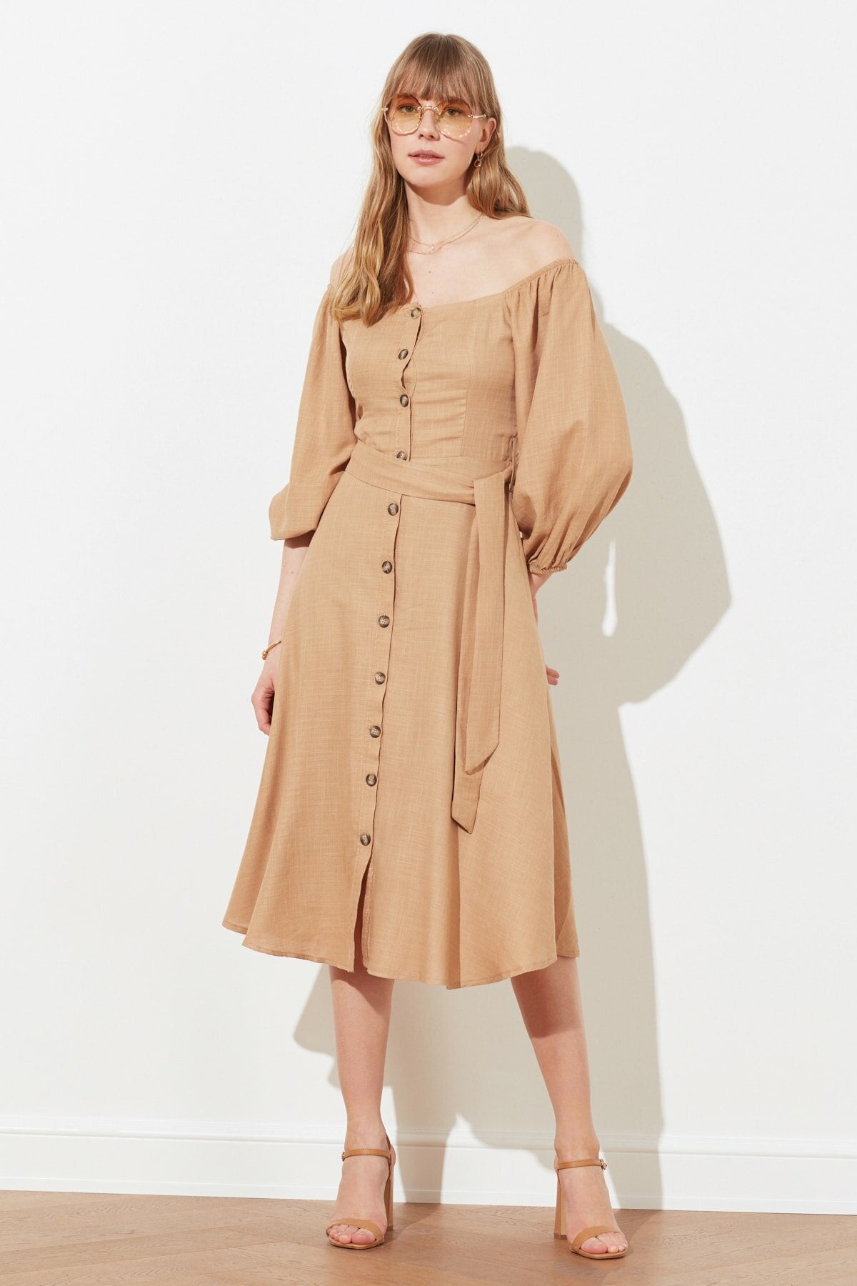 Ecru Belted Buttoned Dress