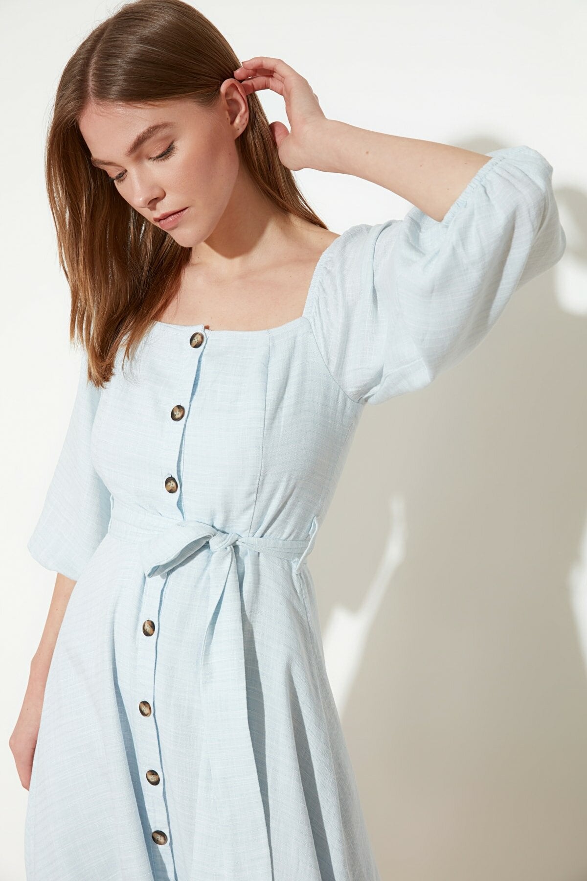 Ecru Belted Buttoned Dress