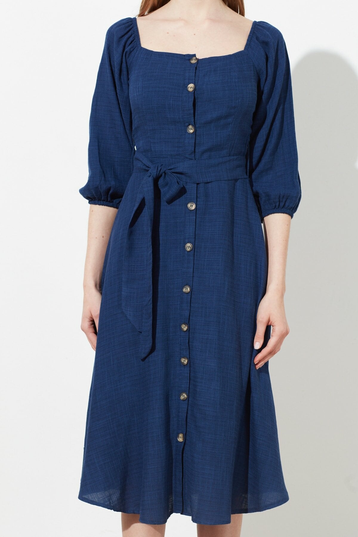 Ecru Belted Buttoned Dress