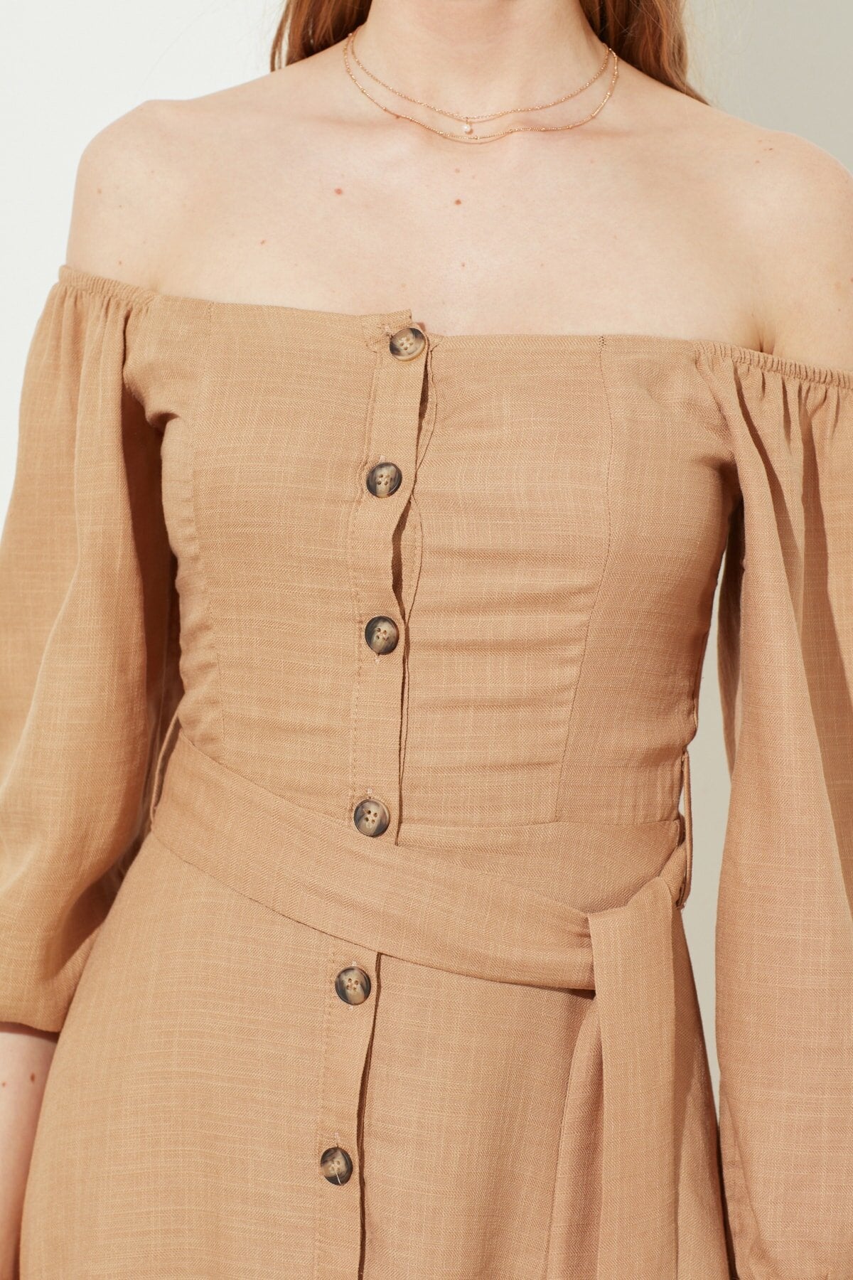 Ecru Belted Buttoned Dress