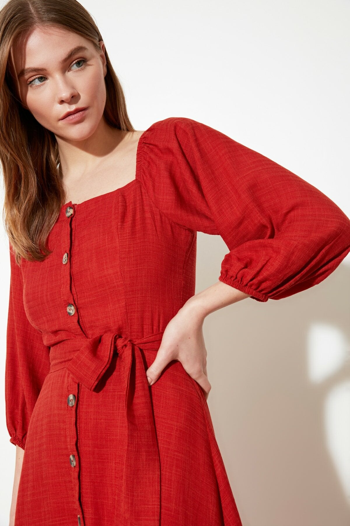 Ecru Belted Buttoned Dress