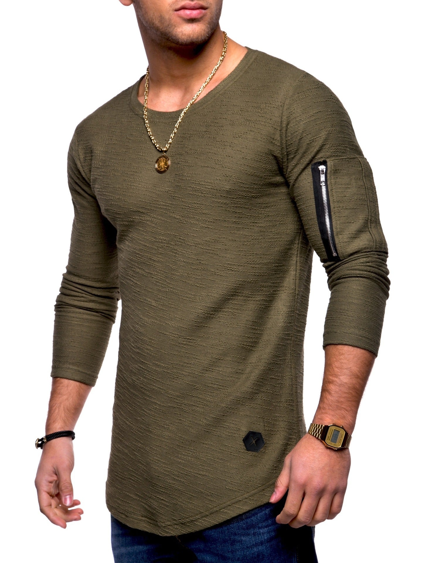 2021 foreign trade slim round neck men's long-sleeved t-shirt arm zipper personality European and American style casual bottoming shirt t-shirt men