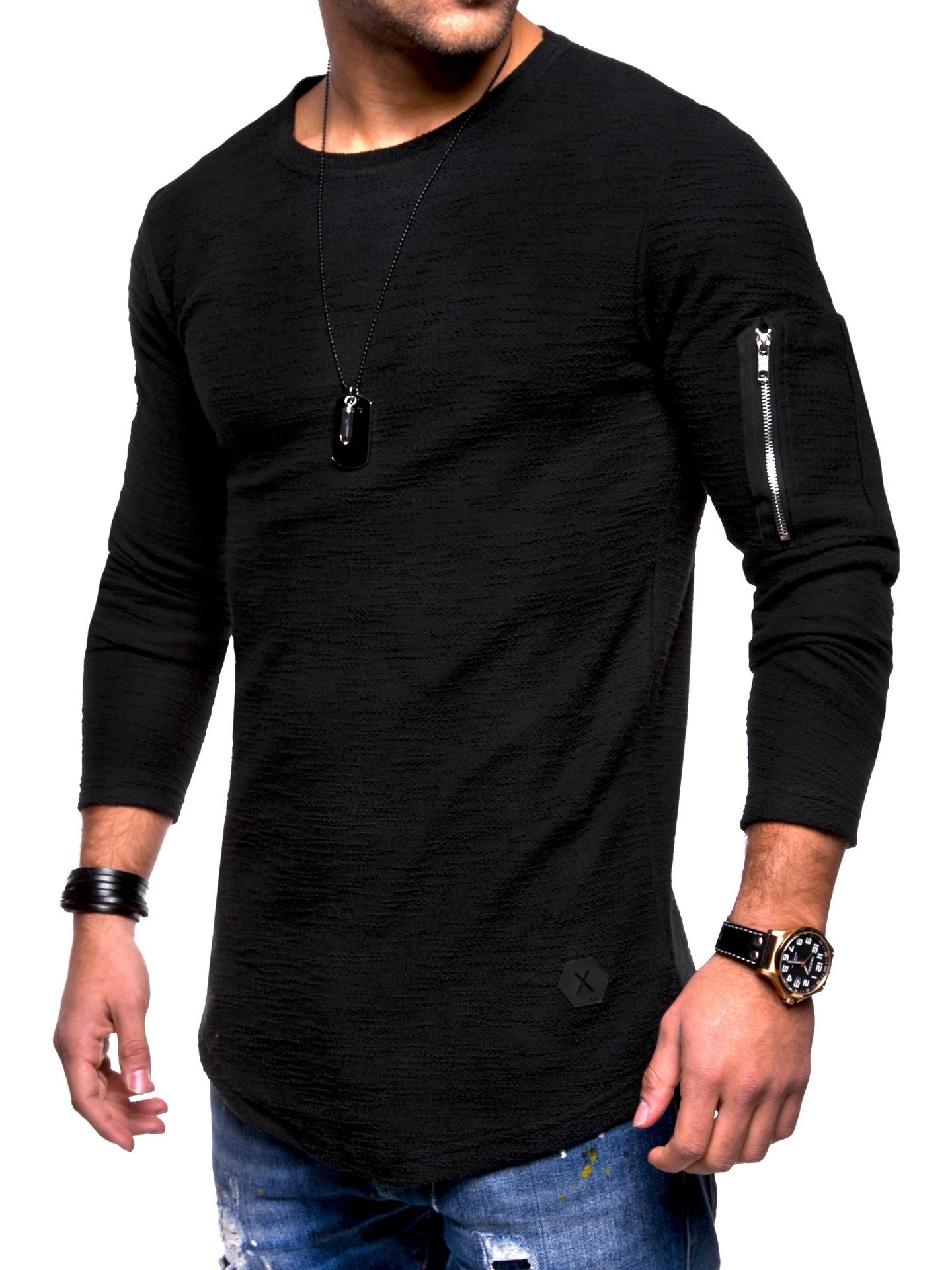 2021 foreign trade slim round neck men's long-sleeved t-shirt arm zipper personality European and American style casual bottoming shirt t-shirt men