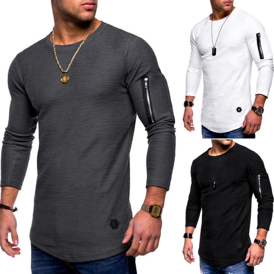 2021 foreign trade slim round neck men's long-sleeved t-shirt arm zipper personality European and American style casual bottoming shirt t-shirt men
