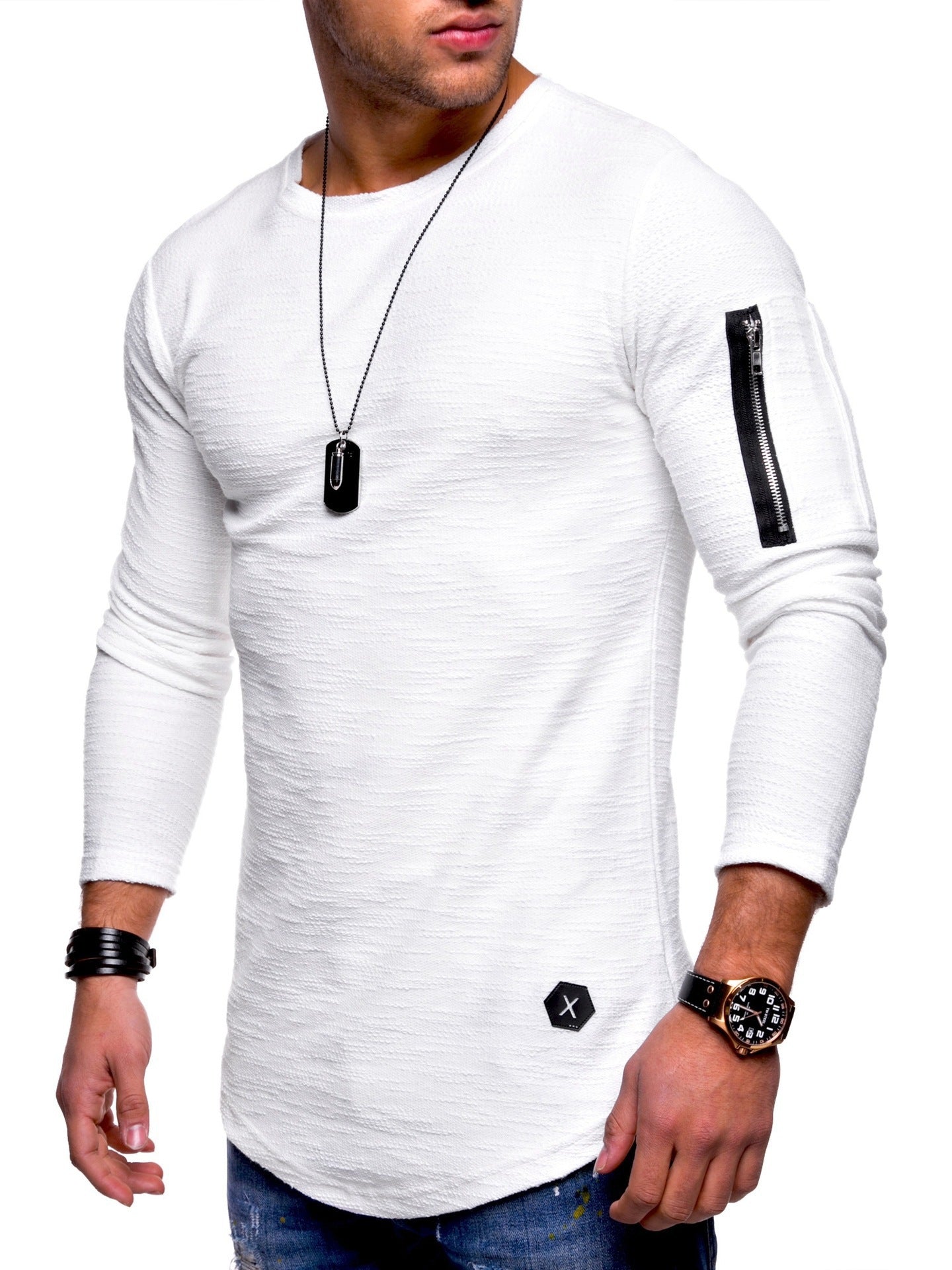 2021 foreign trade slim round neck men's long-sleeved t-shirt arm zipper personality European and American style casual bottoming shirt t-shirt men